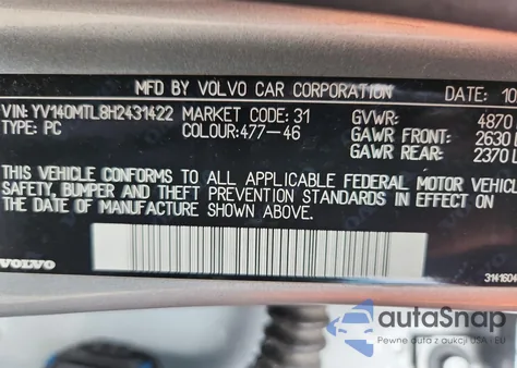 2017 Volvo S60 Dynamic z USA, uszkodzony, nr VIN YV140MTL8H2431422